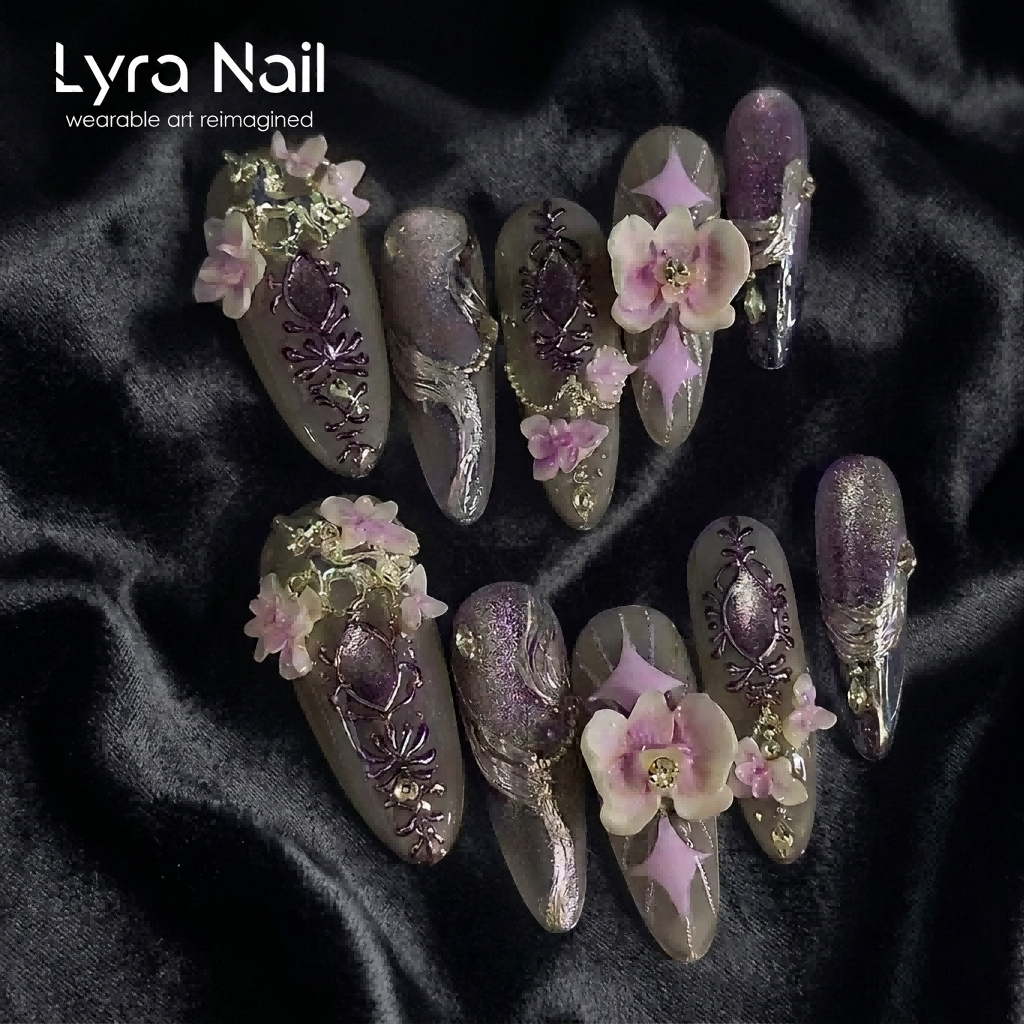 [AC-046]Floral Dreamscape | Artisan Handmade Press On Nails | 3D Sculpted Petals & Mythical Unicorn Motifs in Lavender Dream Tones | Salon Quality, 7-10 Day Shipping
