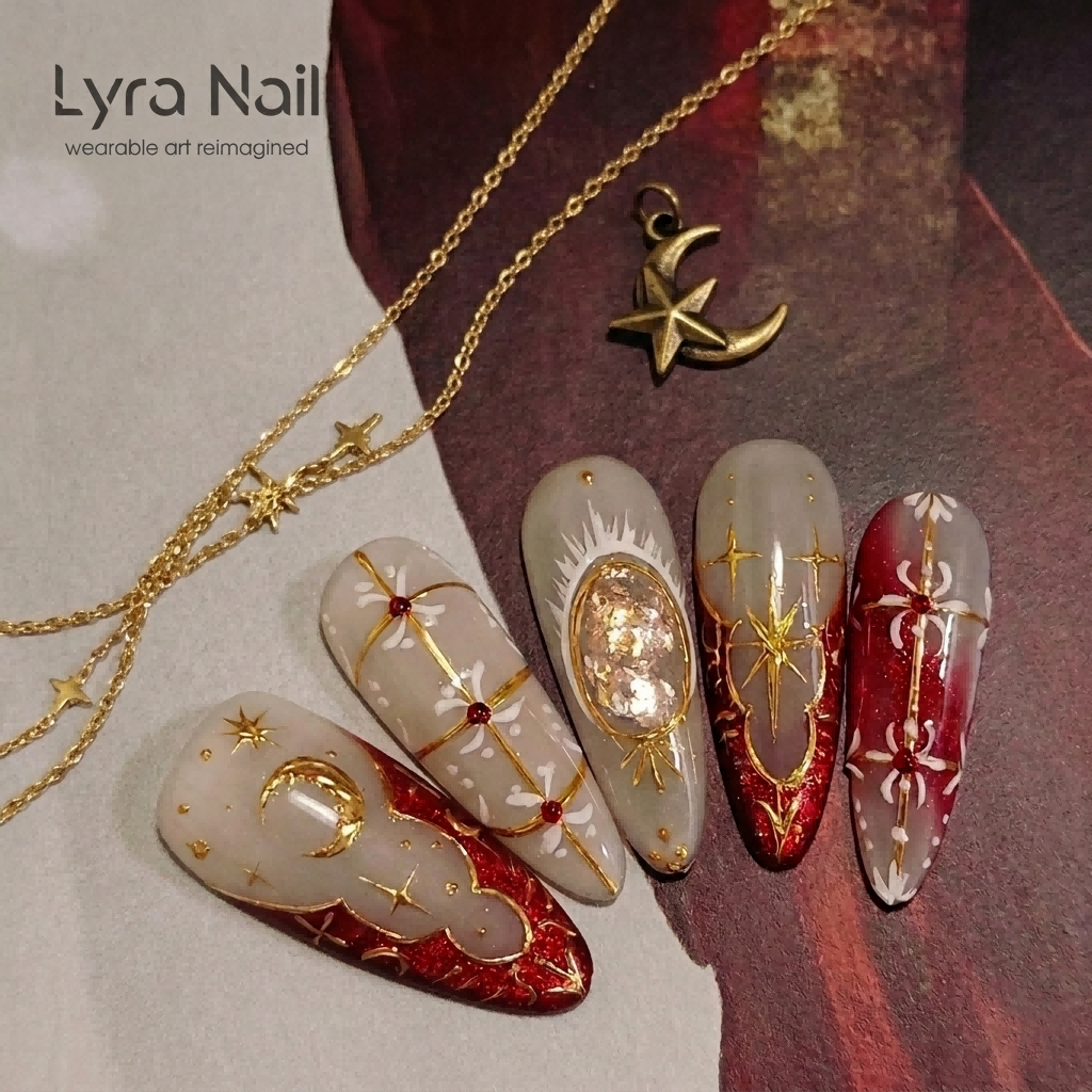 [AC-048]Flamenco Pope | Artisan Handmade Press On Nails | Sacred Crimson Gel with Greek Relief, Golden Celestial Motifs & Starry Crosses | Salon Quality, 7-10 Day Shipping