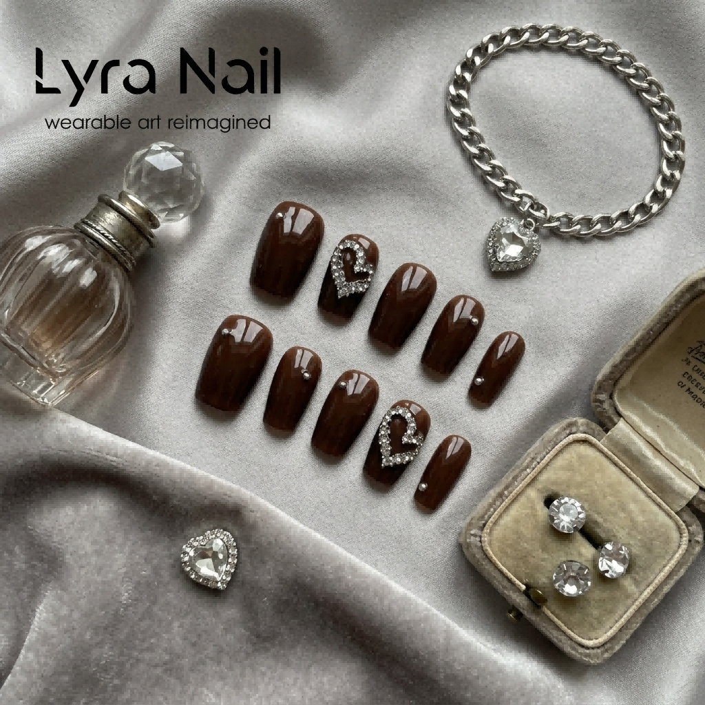 [AC-054]Mocha Caramel Heart | Artisan Handmade Press On Nails | Soft Autumn/Winter Milk Tea Amber with Double-Row Rhinestone Love Hearts | Salon Quality, 7-10 Day Shipping