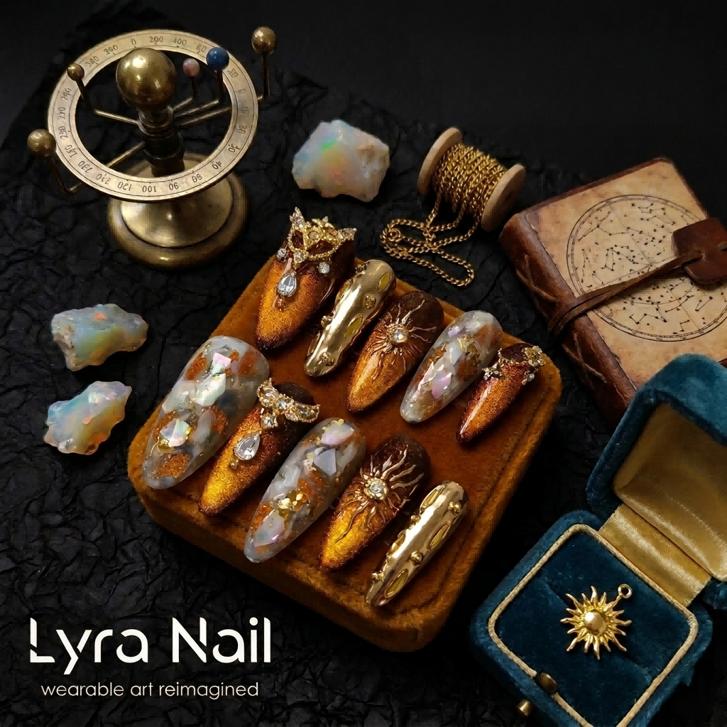 [AC-015]Apollo Sun Amber | Artisan Handmade Press On Nails | Golden Baroque Relief & Crystalline Acetate Stiletto | Salon Quality, 7-10 Day Shipping