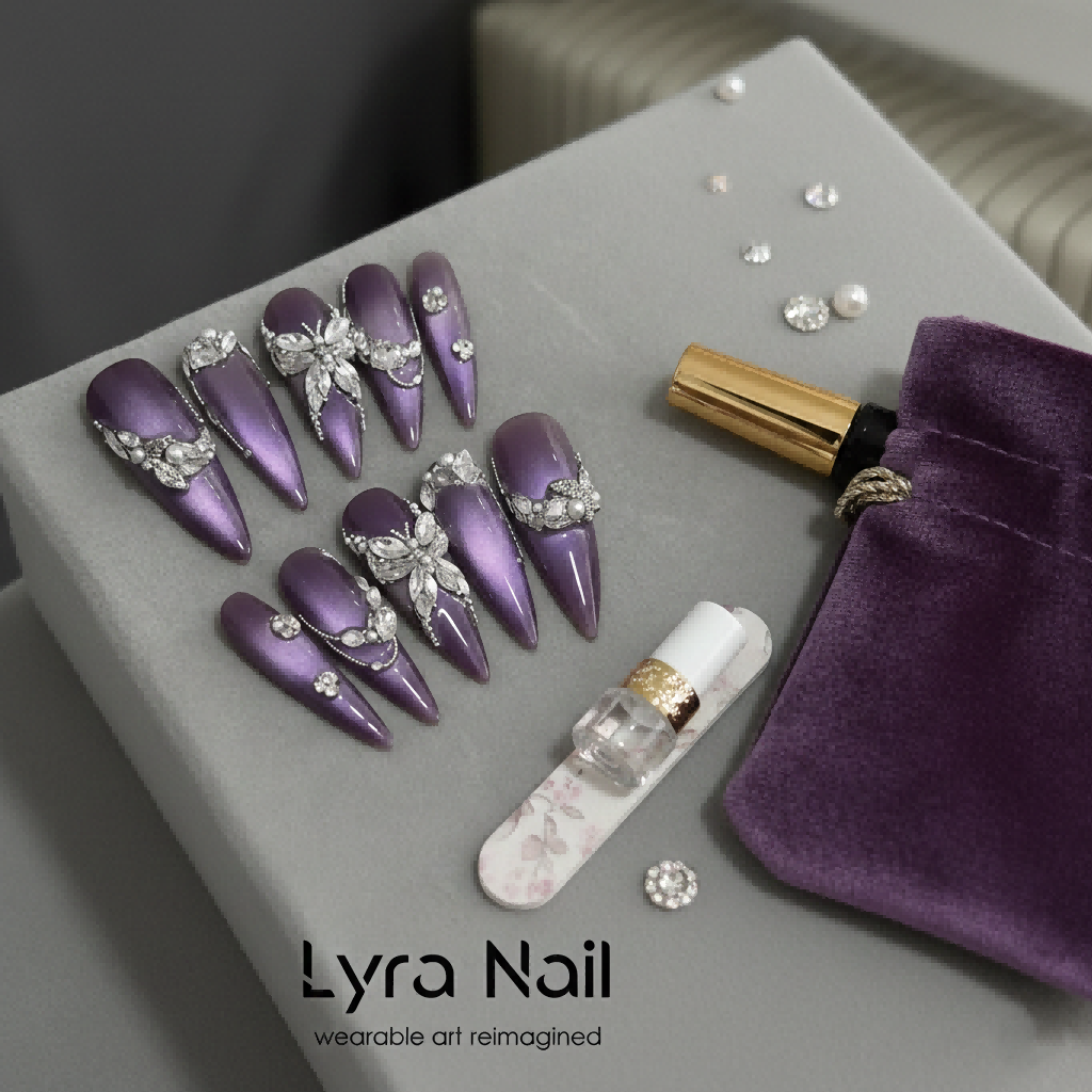 [AC-007]Violet Galaxy | Artisan Handmade Press On Nails | Luxury Deep Purple Cat-Eye with 3D Crystal Butterflies & Rhinestones | Salon Quality, 7-10 Day Shipping
