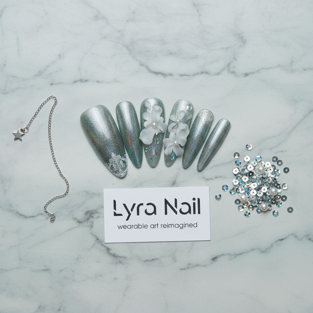[AC-017]Moonlight Fairy | Artisan Handmade Press On Nails | Silver Cat-Eye Shimmer with 3D Hand-Sculpted Flowers | Salon Quality, 7-10 Day Shipping