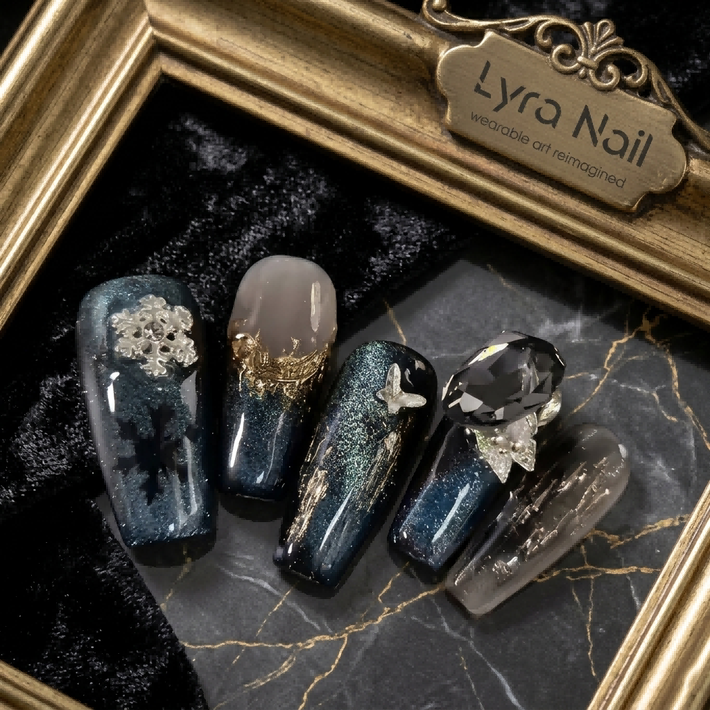 [AC-026]Ice Queen Star Diamond | Artisan Handmade Press On Nails | Winter Icy Blue Cat-Eye with Giant Pigeon Egg Gem & Snowflake Accents | Salon Quality, 7-10 Day Shipping