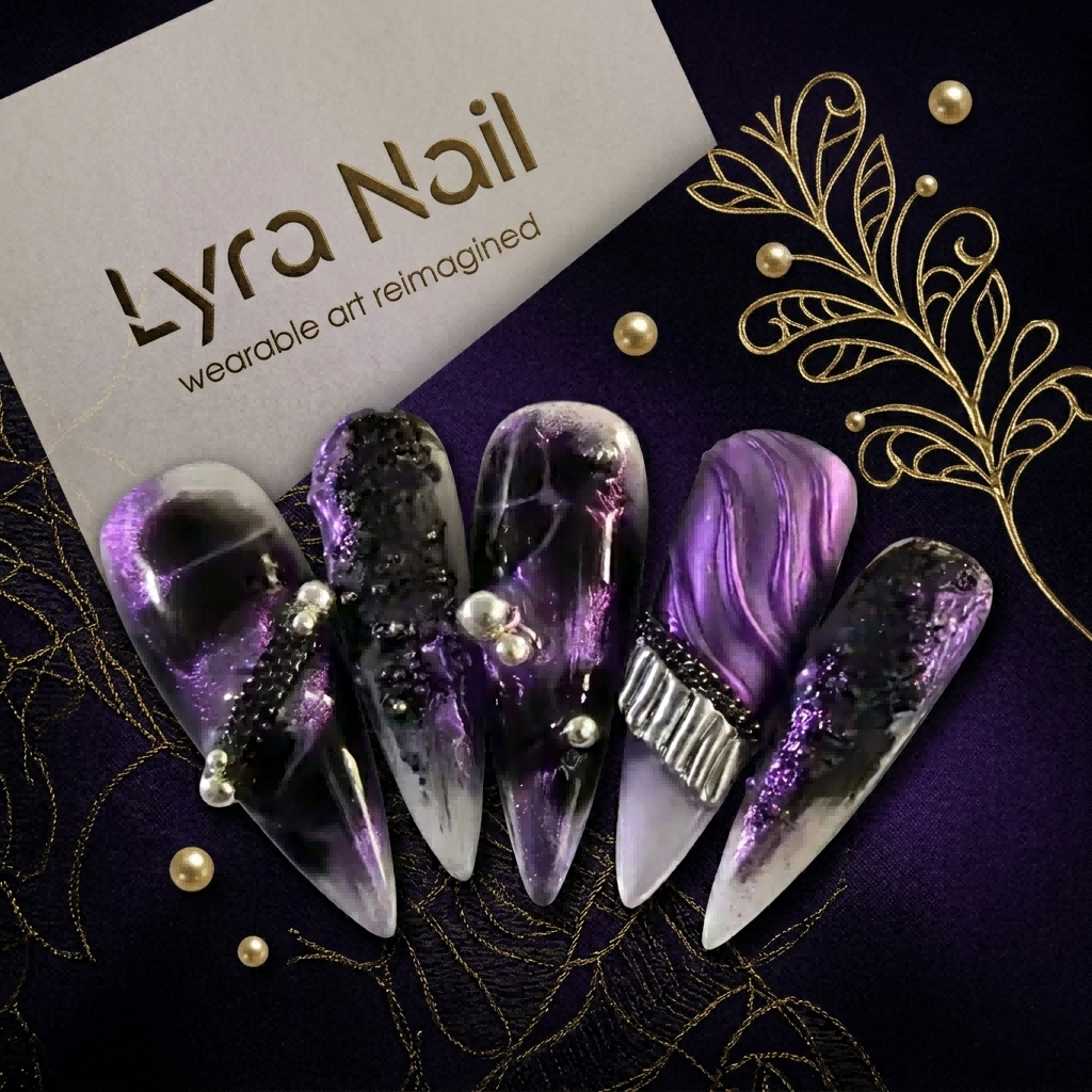 [AC-031]Phantom Blackcurrant | Artisan Handmade Press On Nails | Matte Dark Aesthetic Extra Long Stiletto with Crushed Stone | Salon Quality, 7-10 Day Shipping