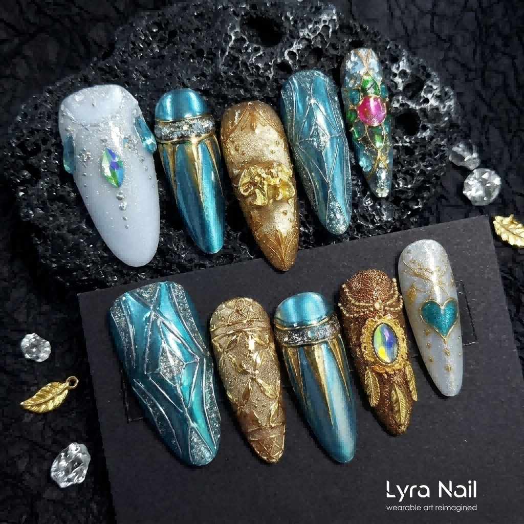 [AC-014]Jasmine's Palace | Artisan Handmade Press On Nails | Regal Gold Embossed with Exotic Teal Cat-Eye | Salon Quality, 7-10 Day Shipping