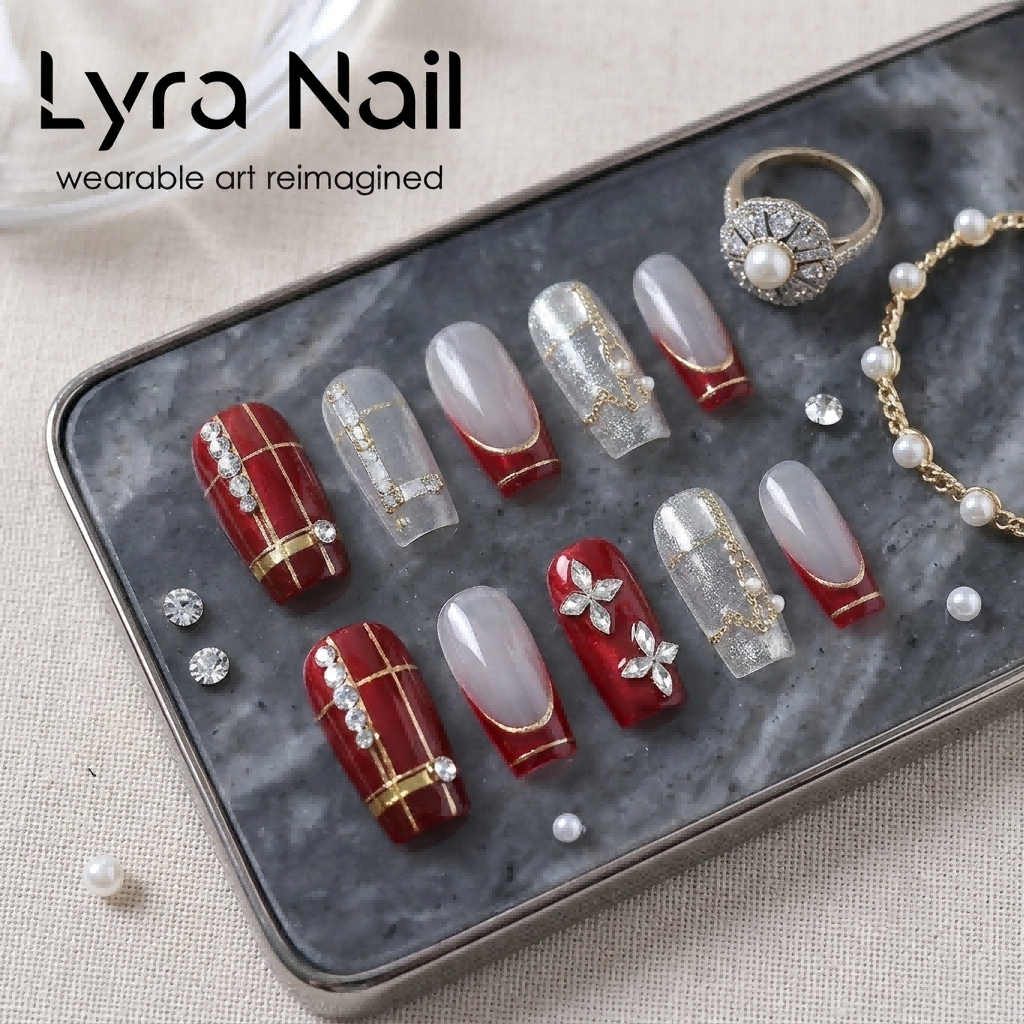 [AC-061]Bourgeois Plaid Red | Artisan Handmade Press On Nails | Translucent New Year Red French Tips with Crystal Plaid, Starry Cat-Eye & Luxury Rhinestone Charms | Salon Quality, 7-10 Day Shipping