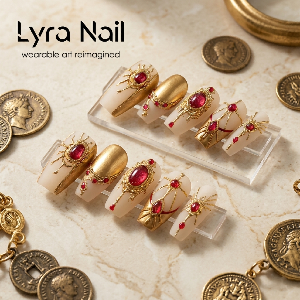 [AC-049]Regal Sovereign | Artisan Handmade Press On Nails | Baroque Gold & Crimson Ruby Palace Style with Heavy Filigree | Salon Quality, 7-10 Day Shipping
