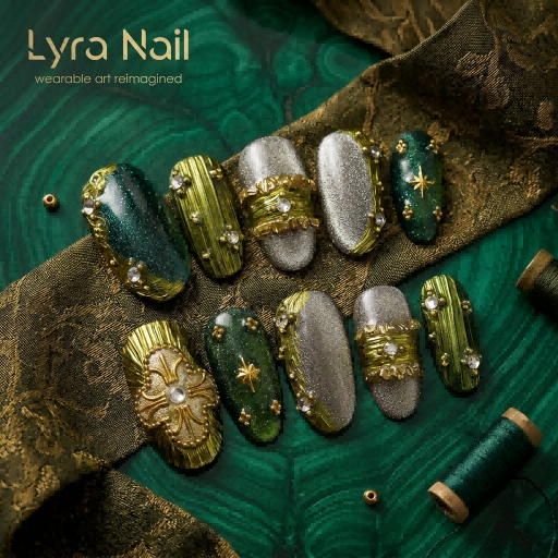 [AC-041]Green Pixie | Artisan Handmade Press On Nails | Vintage Emerald & Gold Cat-Eye with 3D Relief & Starry Accents | Salon Quality, 7-10 Day Shipping