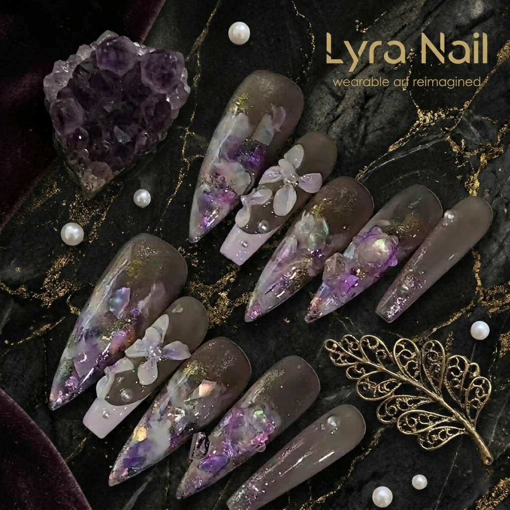 [AC-032]Cinderella Iris | Artisan Handmade Press On Nails | Winter Milk Tea Taro Purple with 3D Floral Accents | Salon Quality, 7-10 Day Shipping
