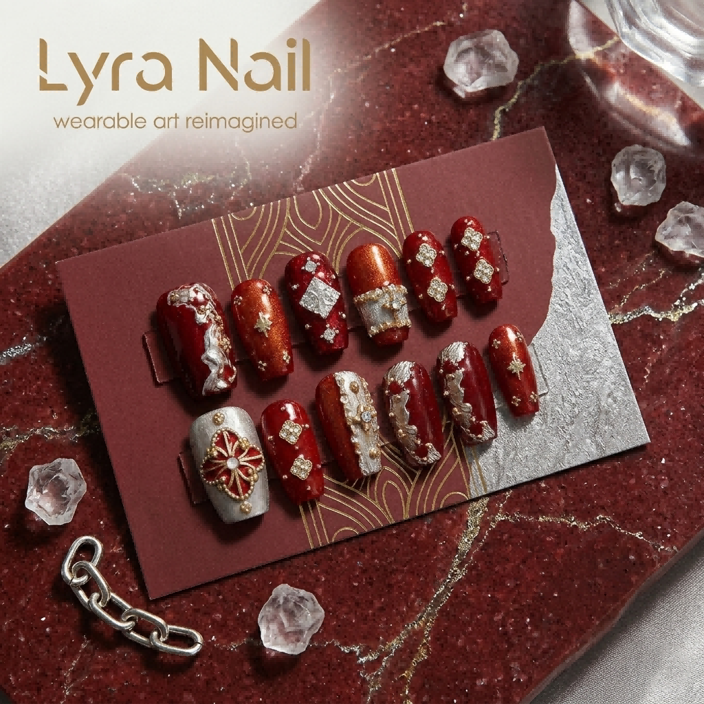 [AC-059]Gypsy Queen Red | Artisan Handmade Press On Nails | Passionate Crimson Velvet & Liquid Silver Chrome with Vintage Clover Studs & Starry Filigree | Salon Quality, 7-10 Day Shipping