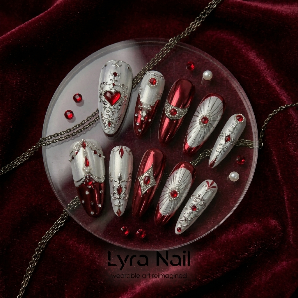 [AC-023]French Baroque Red | Artisan Handmade Press On Nails | Garnet Mirror Chrome & Pearl Stiletto Holiday Collection | Salon Quality, 7-10 Day Shipping