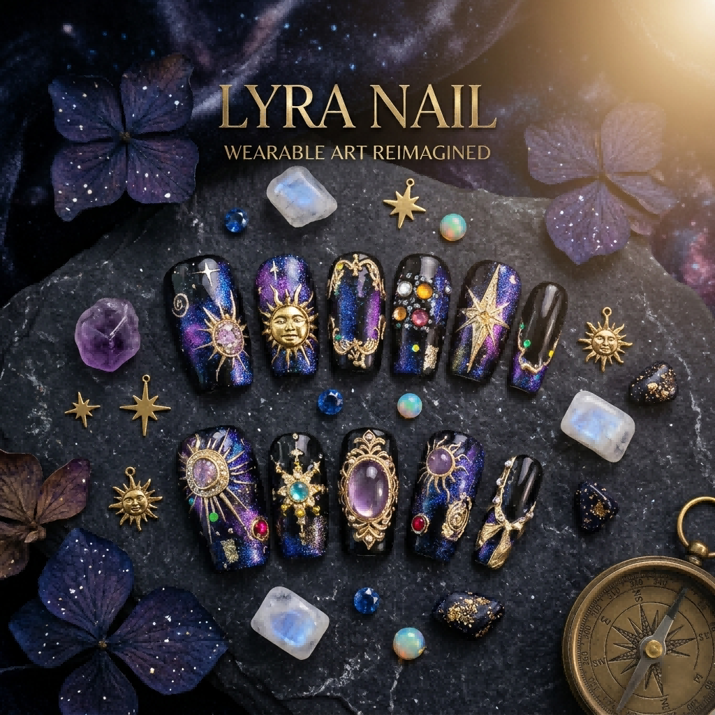 [AC-025]Twilight Cosmic Princess | Artisan Handmade Press On Nails | Baroque Gold Embossed Galaxy with Celestial Sun & Moon Charms | Salon Quality, 7-10 Day Shipping