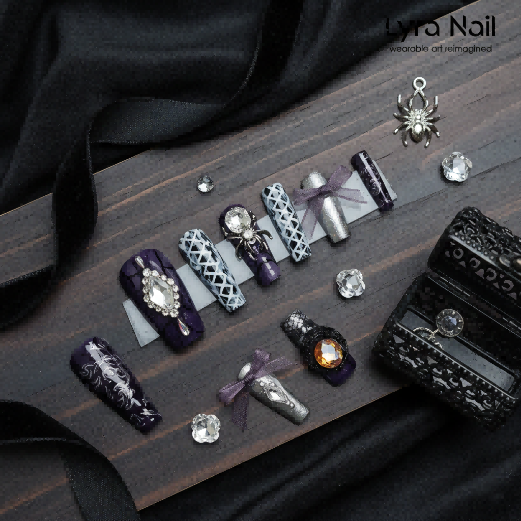 [AC-005]Spider Queen | Artisan Handmade Press On Nails | Dark Mystery Aura with Lace Ribbons, Bows & Spider Web Accents | Salon Quality, 7-10 Day Shipping