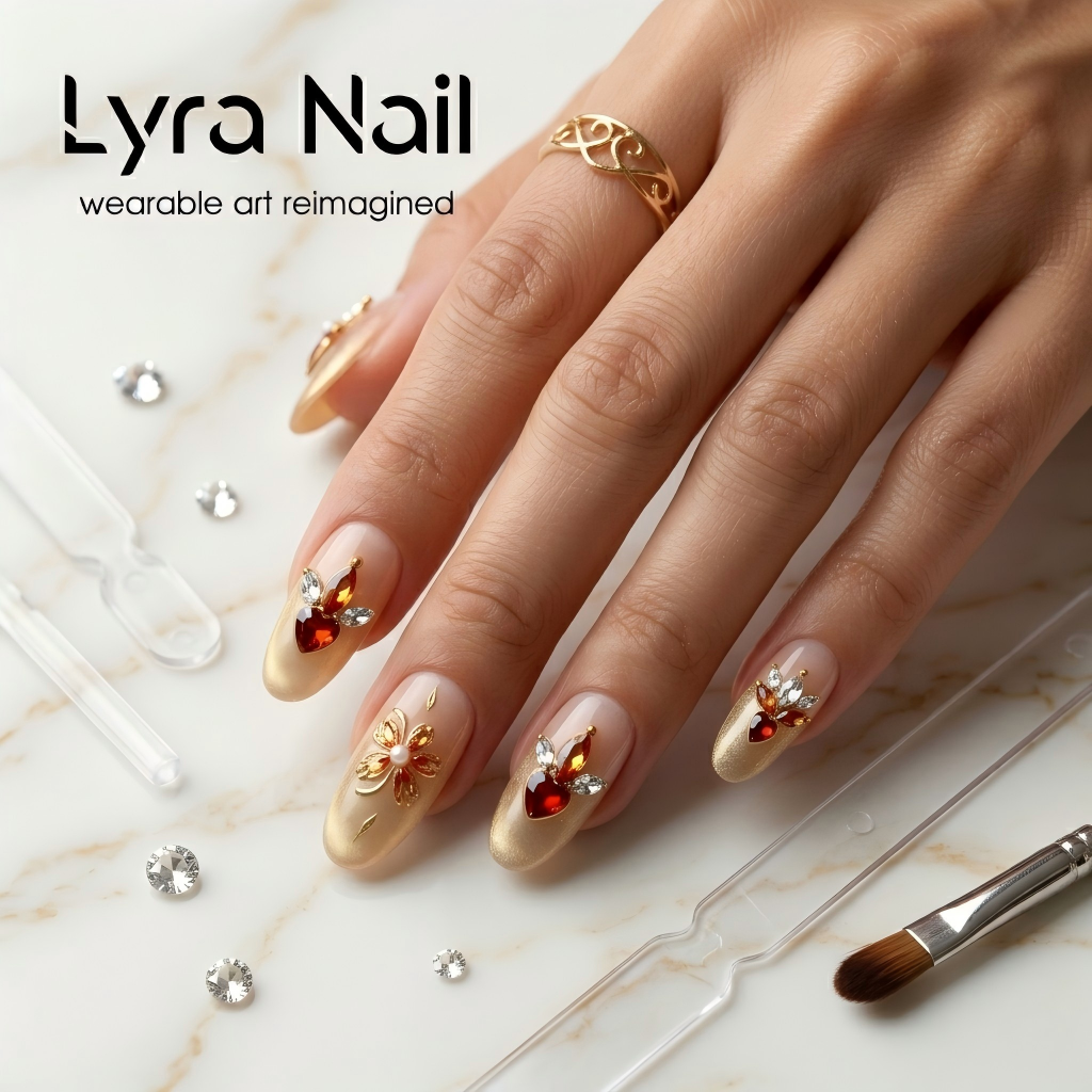 [CC-018]Luxe Gold Cat Eye Press On Nails| Long Almond Nude Nails with Red Gem Accents| Handmade Sparkling Diamond Almond Fake Nails|Reusable Acrylic Nail Patches for Elegant Occasions
